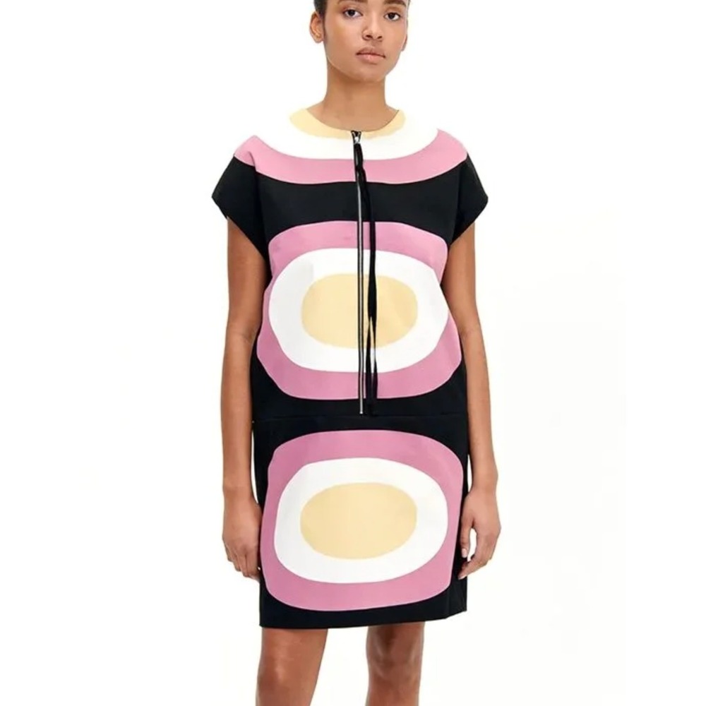 Marimekko Lofn Melooni Cotton Sateen Dress Zip Front Cap Sleeves Pockets‎ 36/US4
